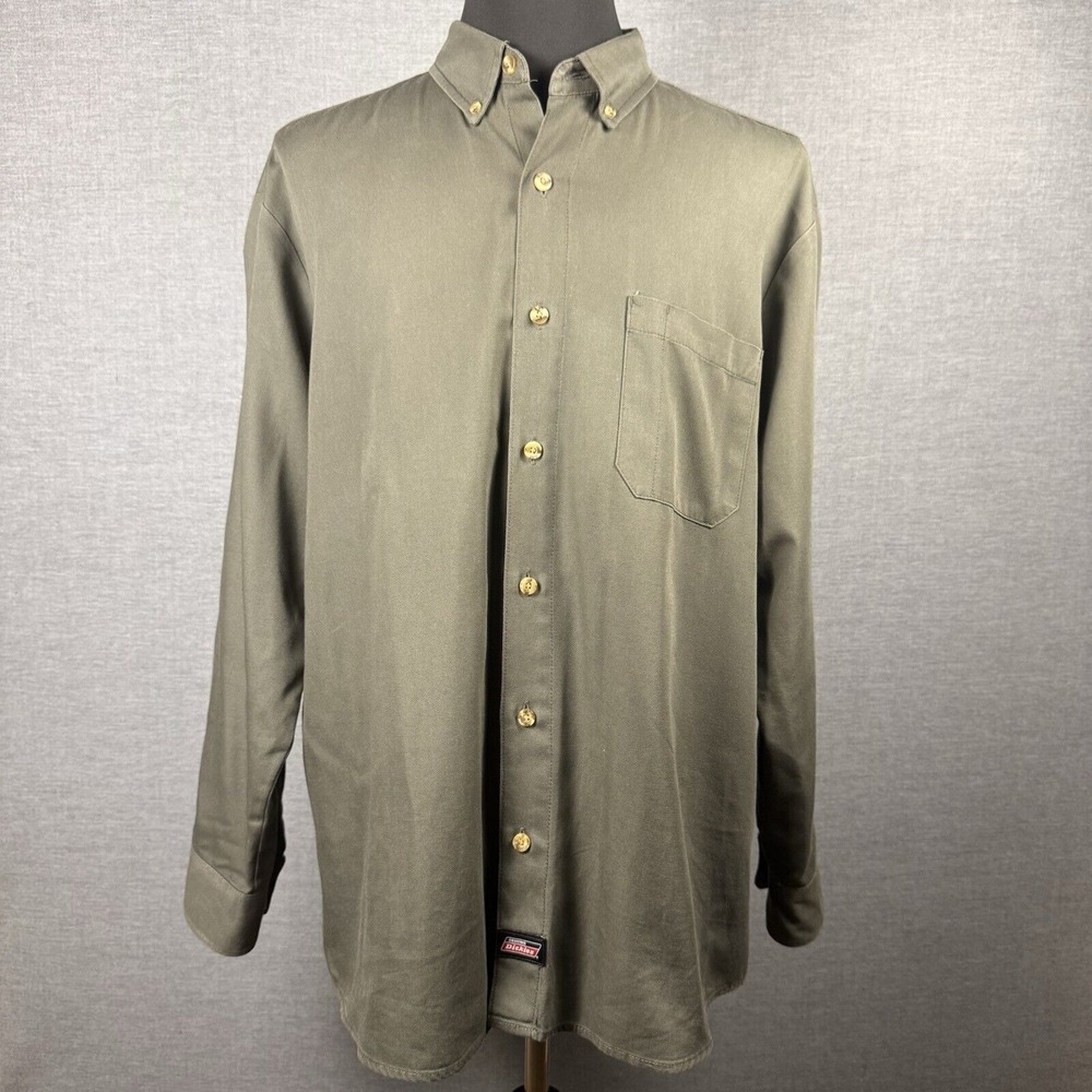 Dickies Long Sleeve Button Down‎ Work Shirt Green Collared Excellent XL